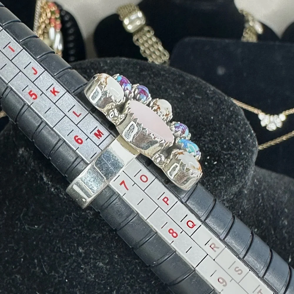 Sterling Silver Pink Conch & Composite gemstones half flower Ring Sz 6.5 adj - Picture 11 of 14